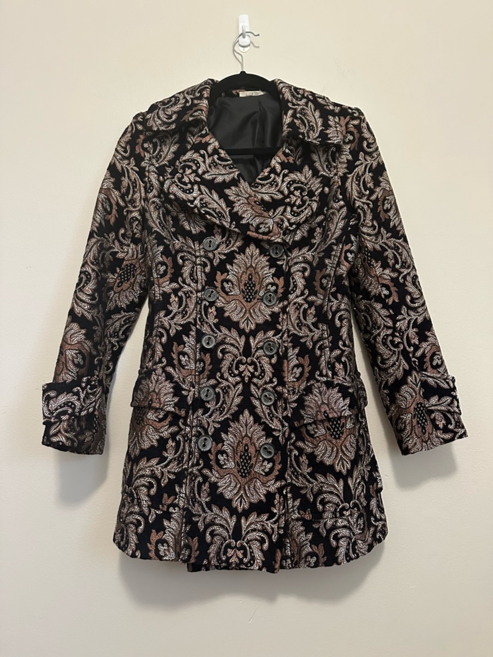 Hazel Brocade Coat Jacket M Black Gold Tapestry Double Breasted Vintage Style
